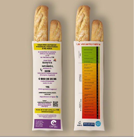 La ville de Cergy en collaboration avec des pharmacies et boulangeries cergyssoises, distribuent chaque année des sacs à pains ou des sacs à pharmacie affichant le violentomètre et les numéros utiles en cas de violences.