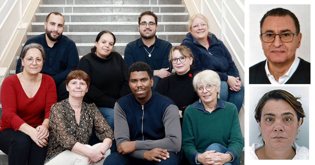 En haut, de gauche à droite : Yassine OUCHENE, Malika HRAIBA, Alexis DOS SANTOS, Laeticia PEYROT, Élodie PÉCHEUX, Marie-Hélène ALMEIDA, Pascale PENNINQUE, Jean-Fred BOUDY, Denise BUTAVAND. Photos en timbre : M'Bark Marzouq et Muriel Geoffroy.